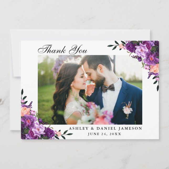 Aquarellfarben Ultra-Violet-Hochzeit mit Lila Blüt Dankeskarte (Vorderseite)