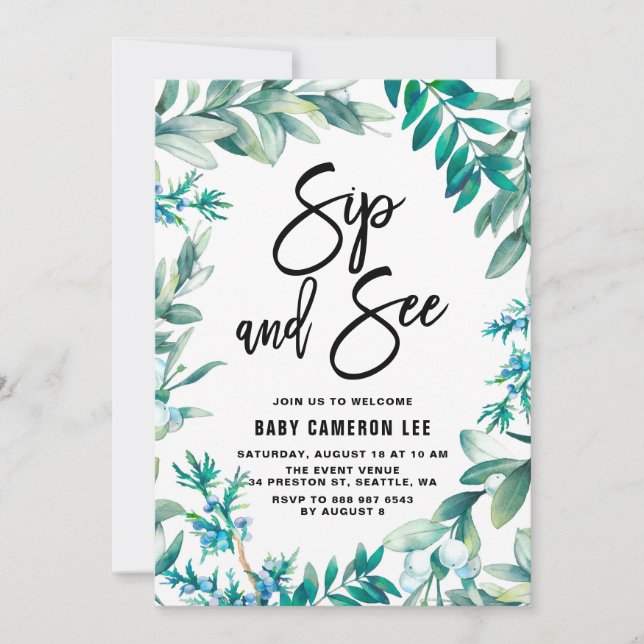 Aquarellfarben und Berries Wreath Sip and See Einladung (Vorderseite)