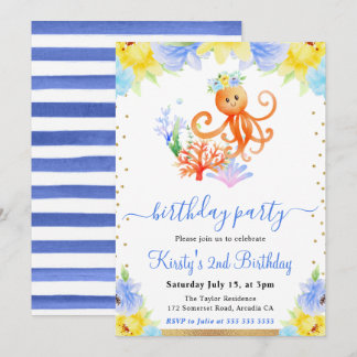 Aquarellfarben Unterwasser-Oktopus Geburtstag Einladung