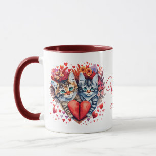 Aquarellfarben Valentine Katzen mit Liebe Tasse