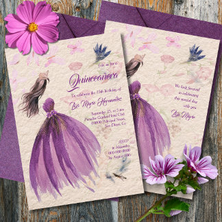 Aquarellfarben Violettentöne Quinceañera Einladung