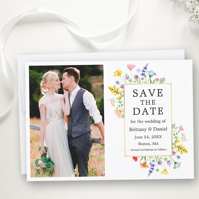Aquarellfarben Wildblumen Foto Gold Frame Save The Date (Customize to change text size, color, style or add more text to back of card.)