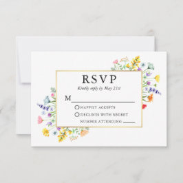 Aquarellfarben-Wildblumen Goldrahmen-Hochzeit RSVP Karte