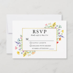 Aquarellfarben-Wildblumen Goldrahmen-Hochzeit RSVP Karte
