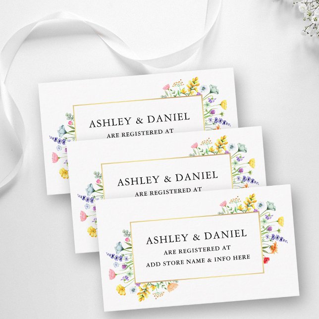 Aquarellfarben-Wildblumen Goldrahmen-Hochzeitsregi Begleitkarte (Customize to change text size, text style or to add more text to back of card.)