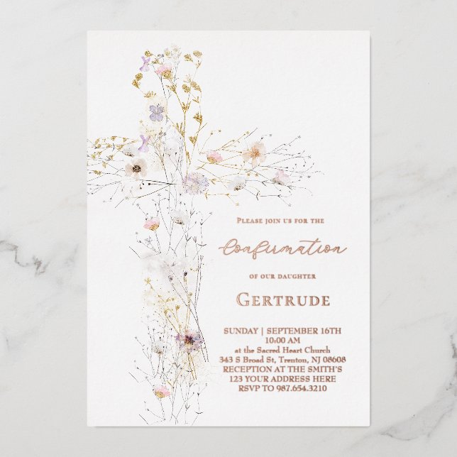 Aquarellfarben-Wildblumen Kreuzbestätigung Folieneinladung (Vorderseite)