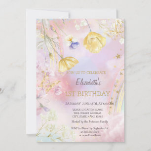 Aquarellfarben Wildblumen Regenbogen Geburtstag Einladung