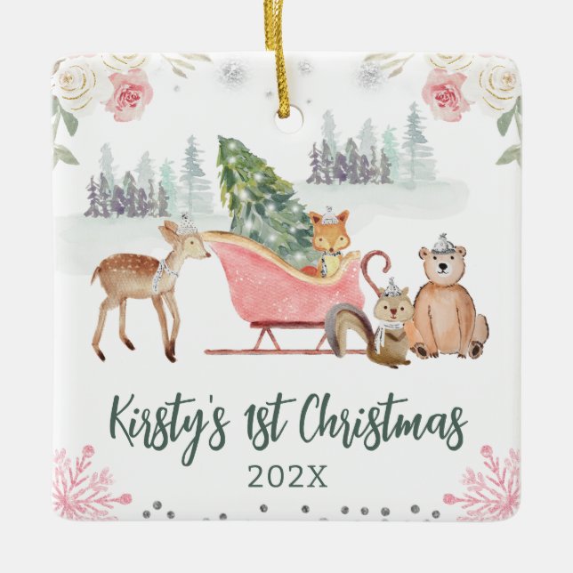 Aquarellfarben Woodland Tiere Floral 1. Weihnachte Keramikornament (Vorderseite)