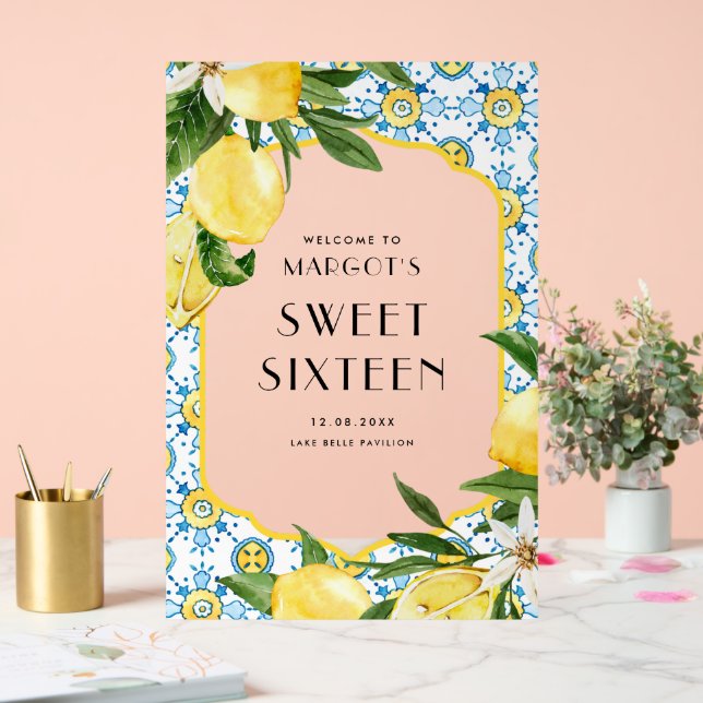 Aquarellfarben Zitronen Mediterranes Süß 16 Party Acrylschild (Hochzeit)