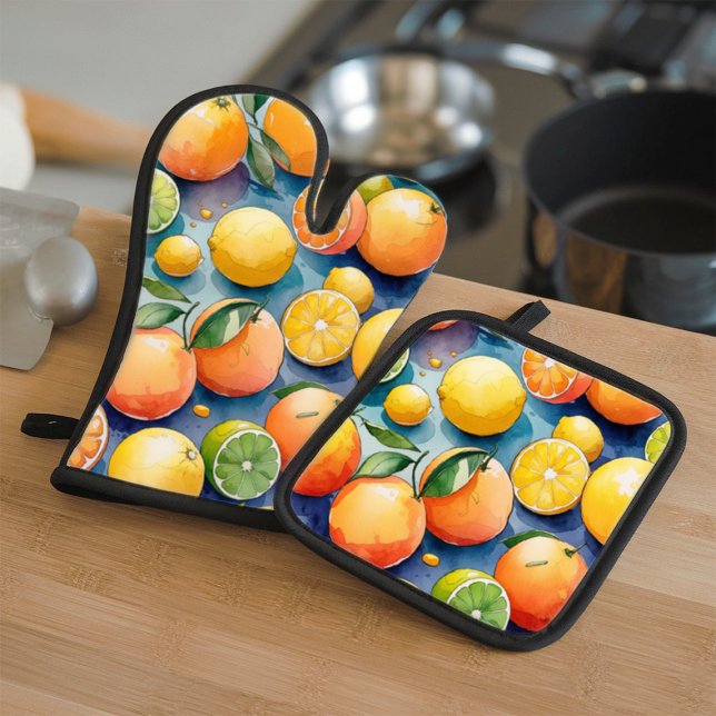 Aquarellfarben Zitrus Oven Mitt & Pot Holder Set (Von Creator hochgeladen)