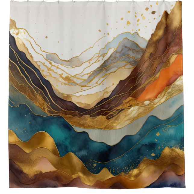 Aquarellfarbene Abstrakte Landschaftsmalerei Gold Duschvorhang (Vorderseite)