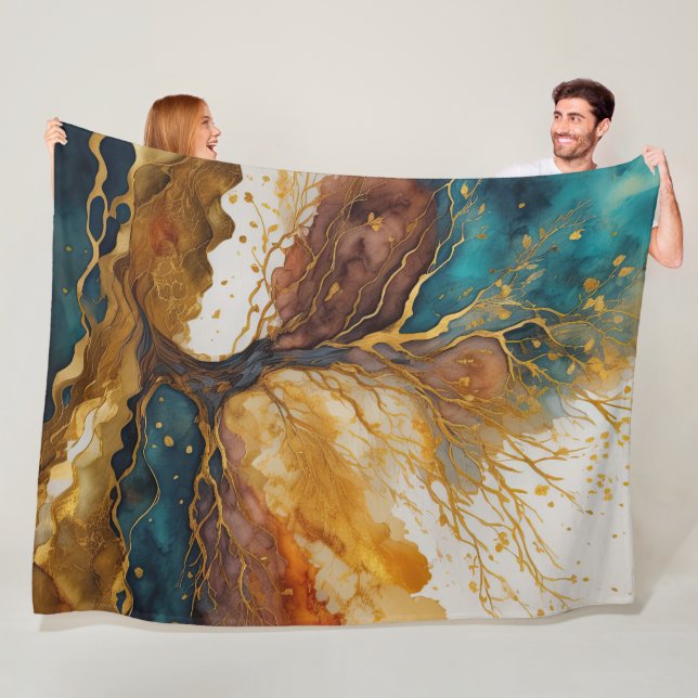 Aquarellfarbene Abstrakte Landschaftsmalerei Gold Fleecedecke (Beispiel)