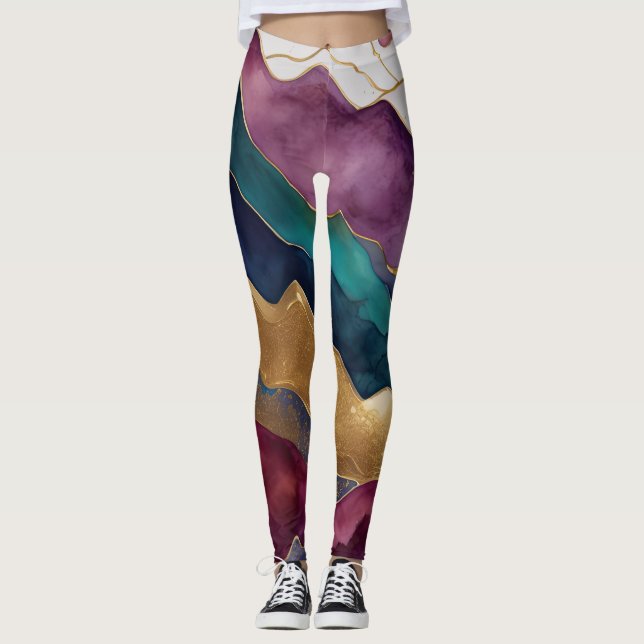 Aquarellfarbene Abstrakte Landschaftsmalerei Gold Leggings (Vorderseite)