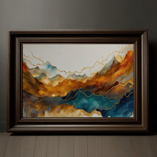 Aquarellfarbene Abstrakte Landschaftsmalerei Gold  Poster