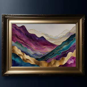 Aquarellfarbene Abstrakte Landschaftsmalerei Gold  Poster