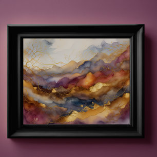 Aquarellfarbene Abstrakte Landschaftsmalerei Gold  Poster