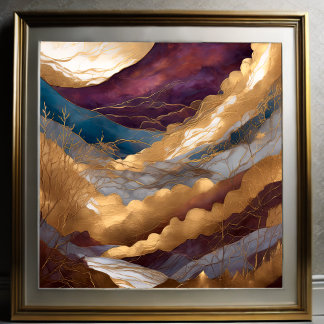 Aquarellfarbene Abstrakte Landschaftsmalerei Gold Poster