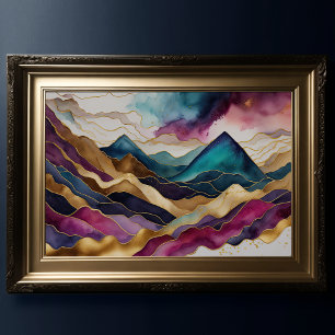 Aquarellfarbene Abstrakte Landschaftsmalerei Gold  Poster