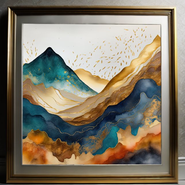 Aquarellfarbene Abstrakte Landschaftsmalerei Gold  Poster (Von Creator hochgeladen)