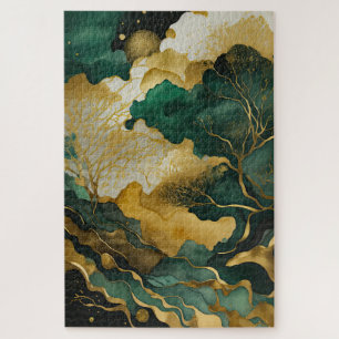 Aquarellfarbene Abstrakte Landschaftsmalerei Gold Puzzle