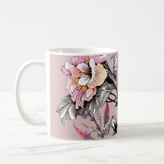 Aquarellfarbene Blätter Blume rosa Muster Kaffeetasse (Links)