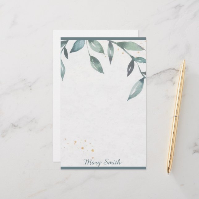 Aquarellfarbene Blätter personalisiert Briefpapier (Vorderseite/Rückseite Beispiel)