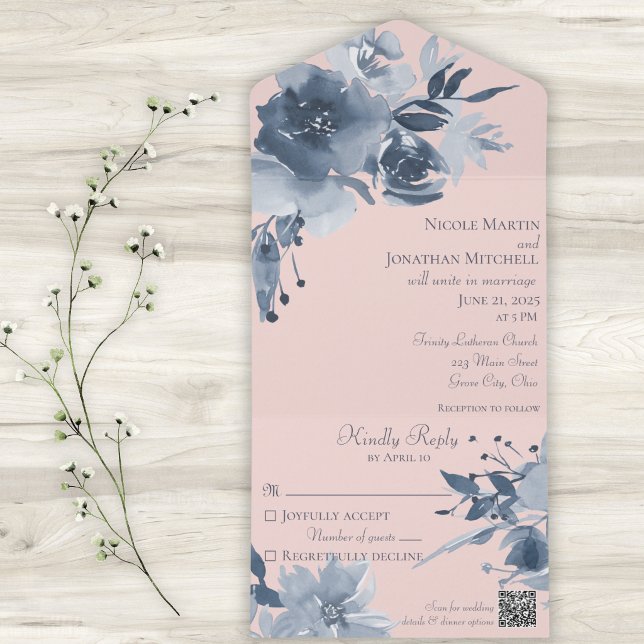 Aquarellfarbene blaue Blüte mit QR-Code All In One Einladung (Von Creator hochgeladen)