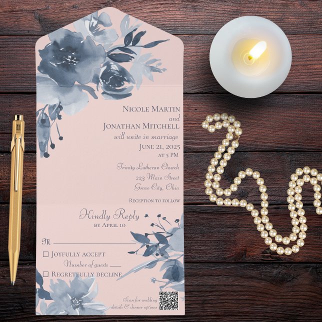 Aquarellfarbene blaue Blüte mit QR-Code All In One Einladung (Von Creator hochgeladen)