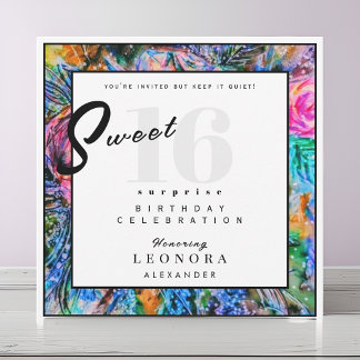 Aquarellfarbene Blume 16 . Geburtstag 16 Überrasch Einladung