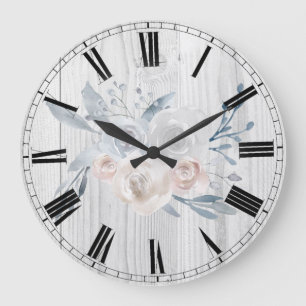 Aquarellfarbene Blume aus rustikalem Weißholz Große Wanduhr