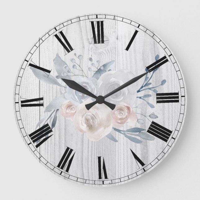 Aquarellfarbene Blume aus rustikalem Weißholz Große Wanduhr (Vorderseite)