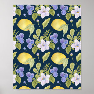 Aquarellfarbene Blume, Blaubeere und Saure Poster