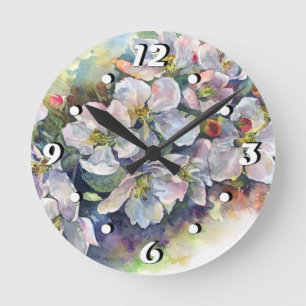 Aquarellfarbene Blume blühender Apfelbaum Hochzeit Runde Wanduhr