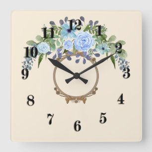 Aquarellfarbene Blume Blumenkranz Retro Vintag bla Quadratische Wanduhr
