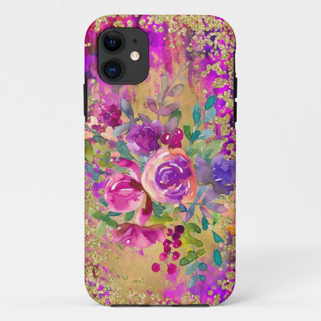 Aquarellfarbene Blume Bouquet auf Himbeerrosa Case-Mate iPhone Hülle (Rückseite)