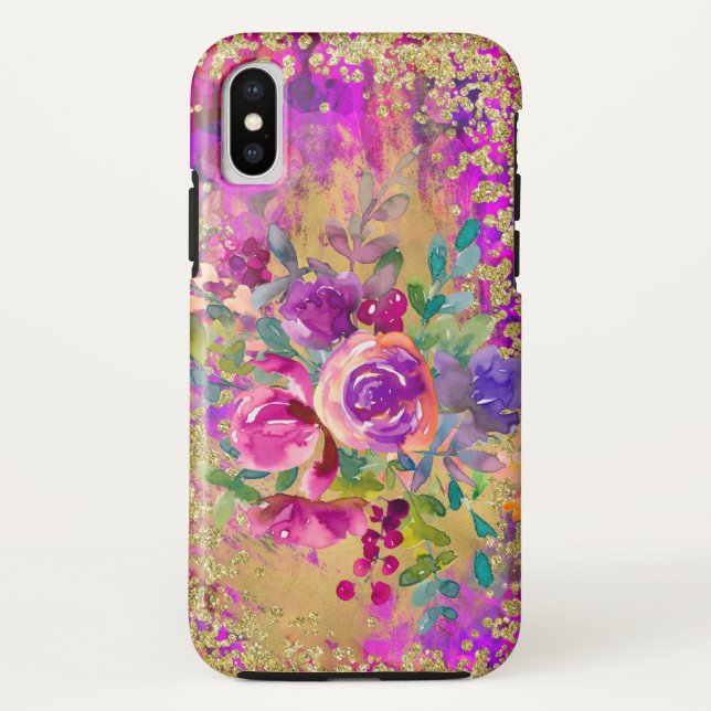 Aquarellfarbene Blume Bouquet auf Himbeerrosa Case-Mate iPhone Hülle (Rückseite)