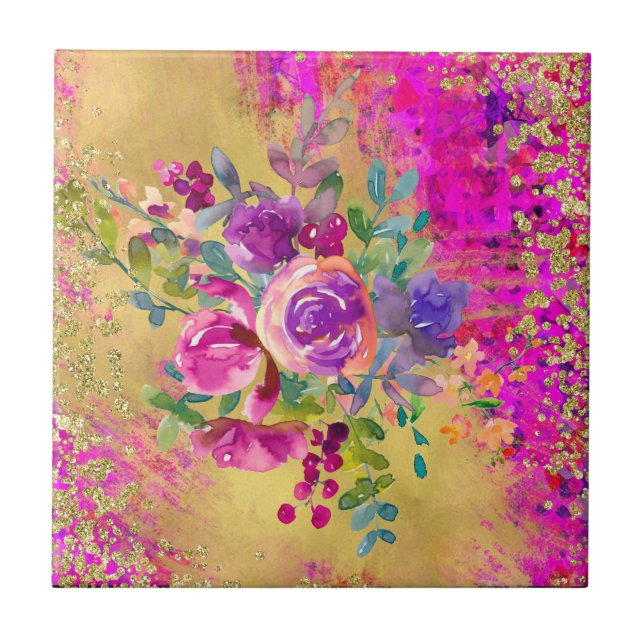 Aquarellfarbene Blume Bouquet auf Himbeerrosa Fliese (Vorderseite)