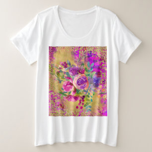 Aquarellfarbene Blume Bouquet auf Himbeerrosa Große Größe T-Shirt