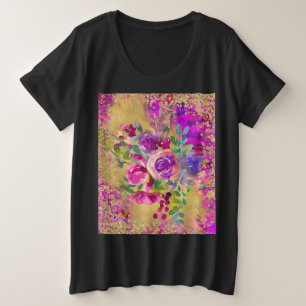 Aquarellfarbene Blume Bouquet auf Himbeerrosa Große Größe T-Shirt