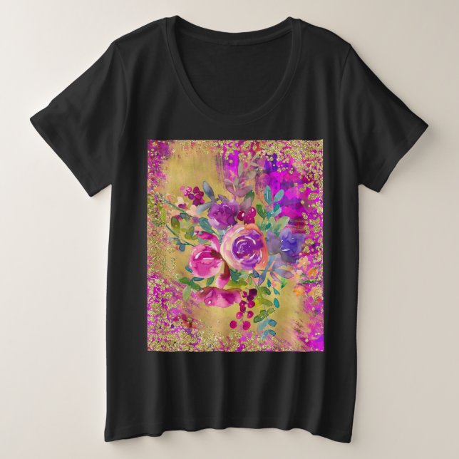 Aquarellfarbene Blume Bouquet auf Himbeerrosa Große Größe T-Shirt (Design vorne)
