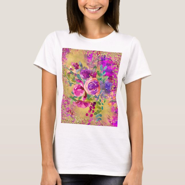 Aquarellfarbene Blume Bouquet auf Himbeerrosa T-Shirt (Vorderseite)