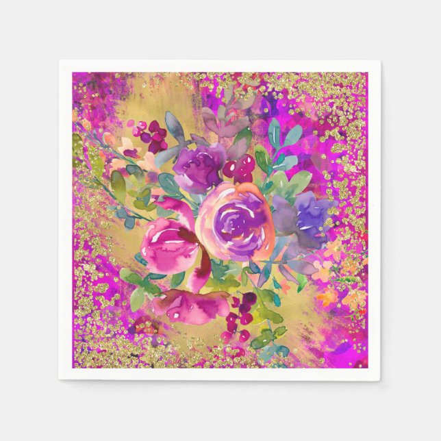 Aquarellfarbene Blume Bouquet auf rosa Glitzer Serviette (Vorderseite)