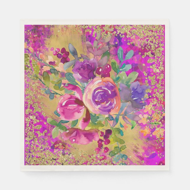 Aquarellfarbene Blume Bouquet auf rosa Glitzer Serviette (Vorderseite)