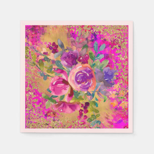 Aquarellfarbene Blume Bouquet auf rosa Glitzer Serviette