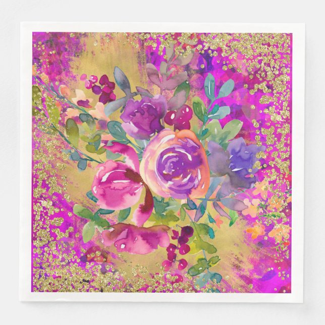 Aquarellfarbene Blume Bouquet auf rosa Glitzer Serviette (Vorderseite)