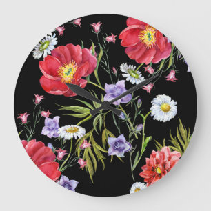 Aquarellfarbene Blume Bouquet: Nahtloses Muster Große Wanduhr