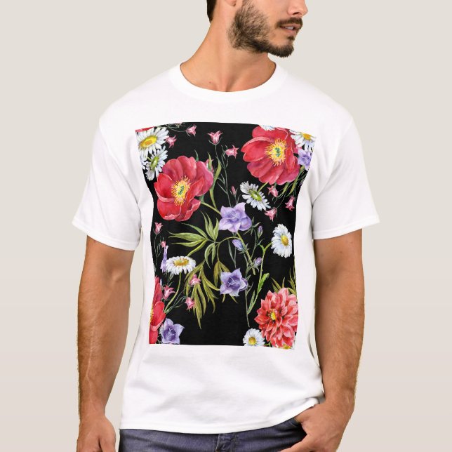 Aquarellfarbene Blume Bouquet: Nahtloses Muster T-Shirt (Vorderseite)