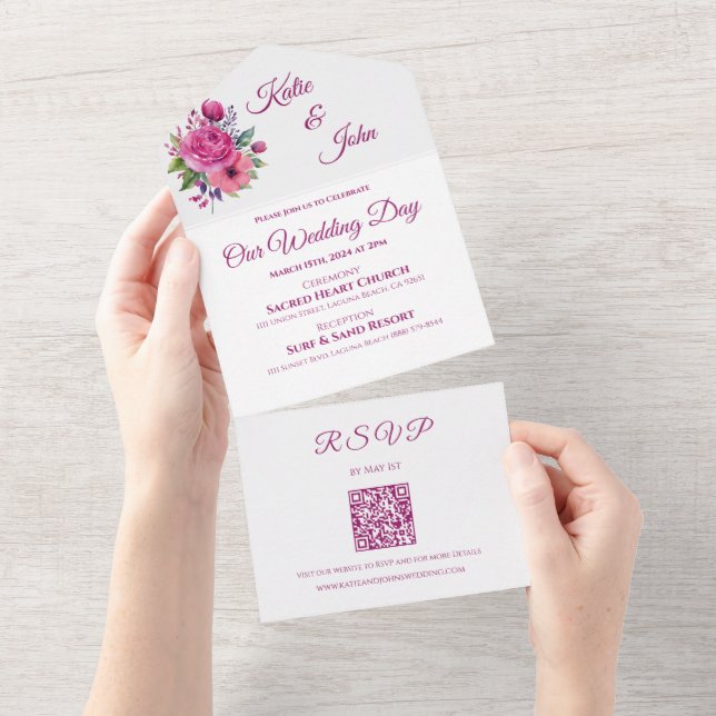 Aquarellfarbene Blume Bouquet-Wedding- All In One Einladung (Abreißen)