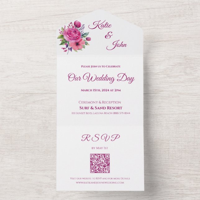 Aquarellfarbene Blume Bouquet-Wedding- All In One Einladung (Innen Boden)