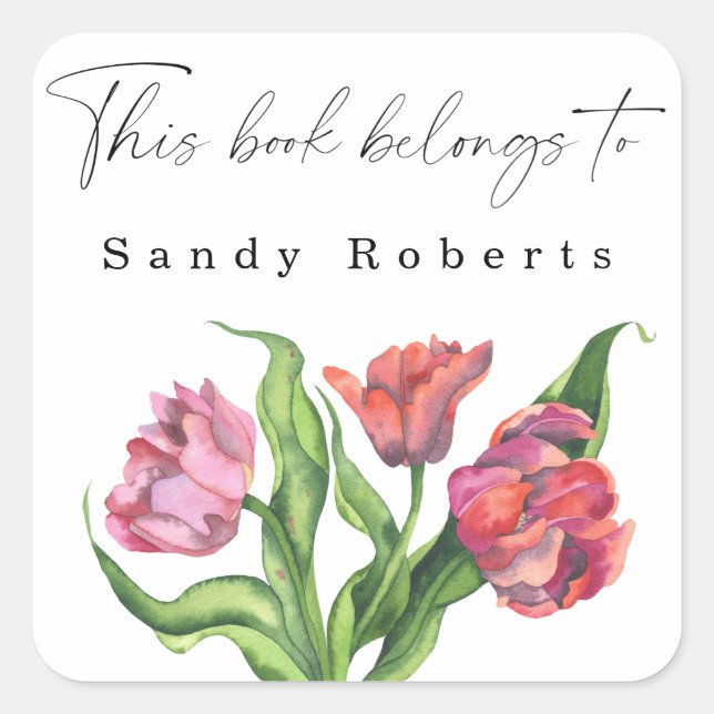 Aquarellfarbene Blume - Dieses Buch gehört Quadratischer Aufkleber (Vorderseite)